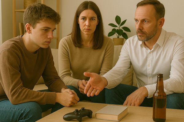 una pareja con su hijo adicto